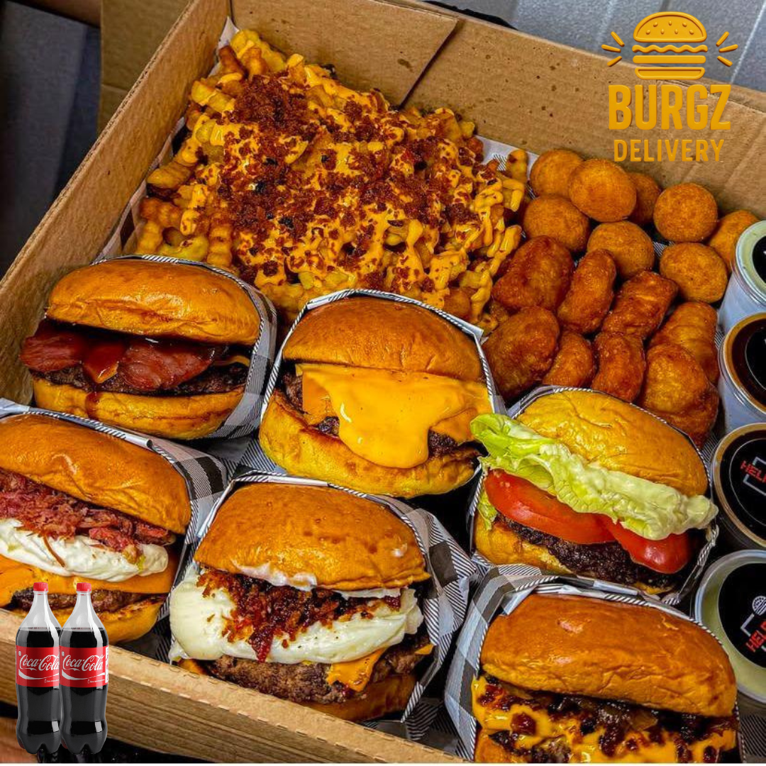 RODÍZIO EM CASA - 6x Hambúrgueres + 500g de Fritas + 500g Nuggets + 2x Coca-Cola 2 Litros + 4 Molhos Especiais
